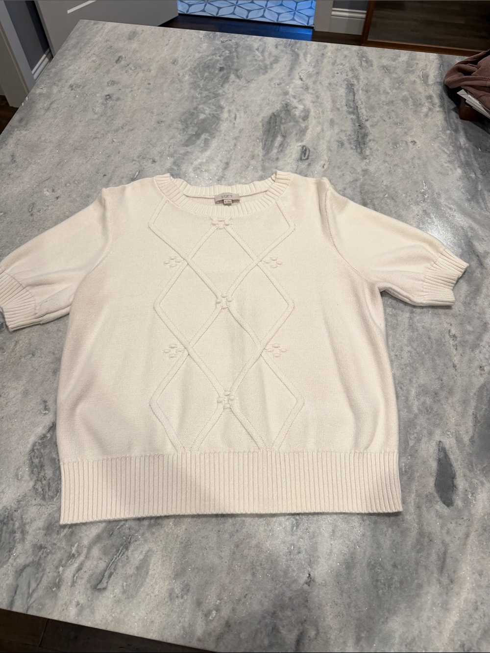 LOFT Cream Knit Short Sleeve Top with Pointelle Detail